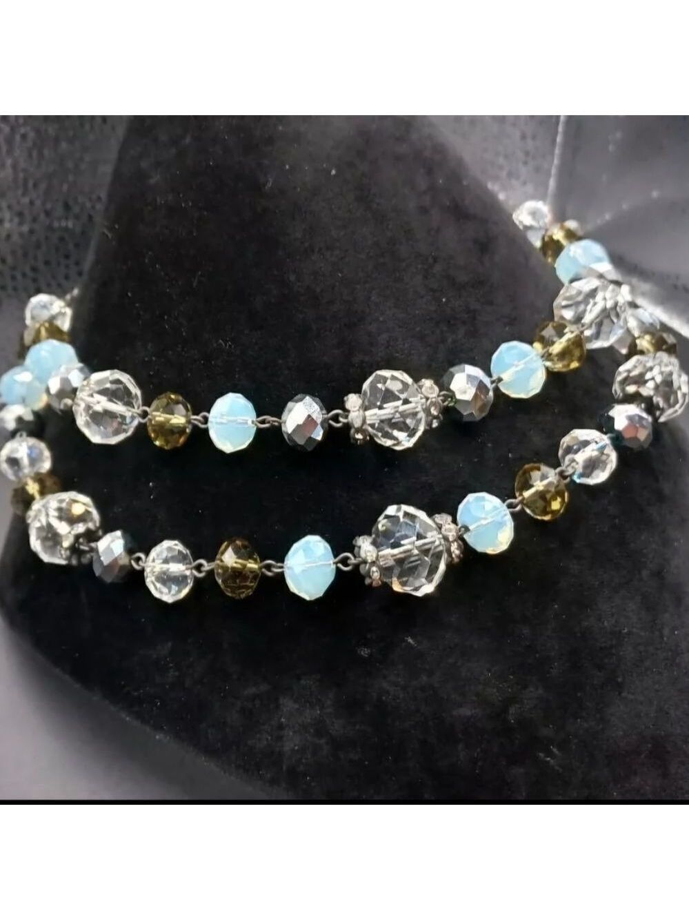 Trifari Marked 2 Strand Blue Clear Glass Beaded Silvertone Statement Necklace